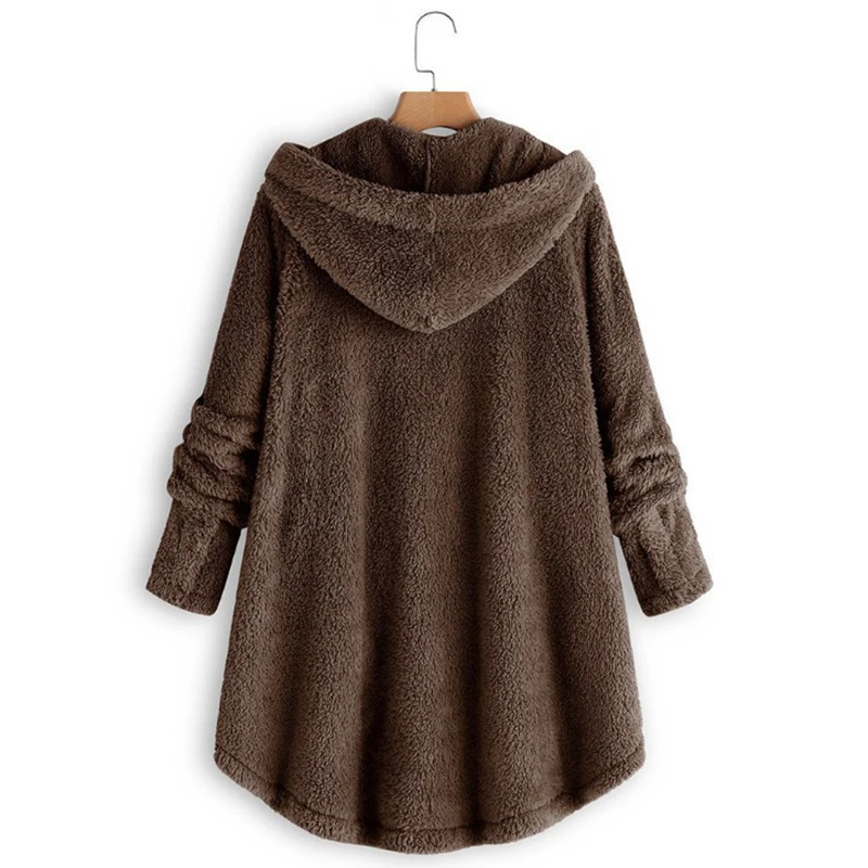 Women New Winter Plus Size S-5XL Button Coat Fluffy Tail Tops Hooded Pullover Loose Oversize Coats Warm Outwear for Fashion