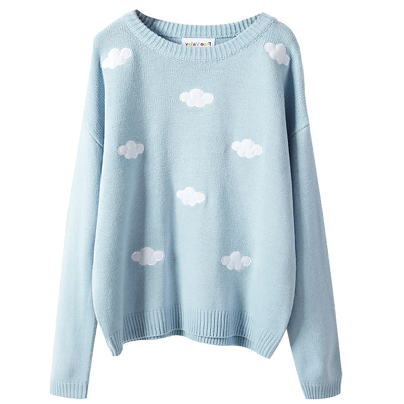

New Women Embroidery Sweater Girl Fashion Jersey Female Winter Pullover Sweaters Femme Jumper Autumn Warm Cloud Tops BLUE PINK