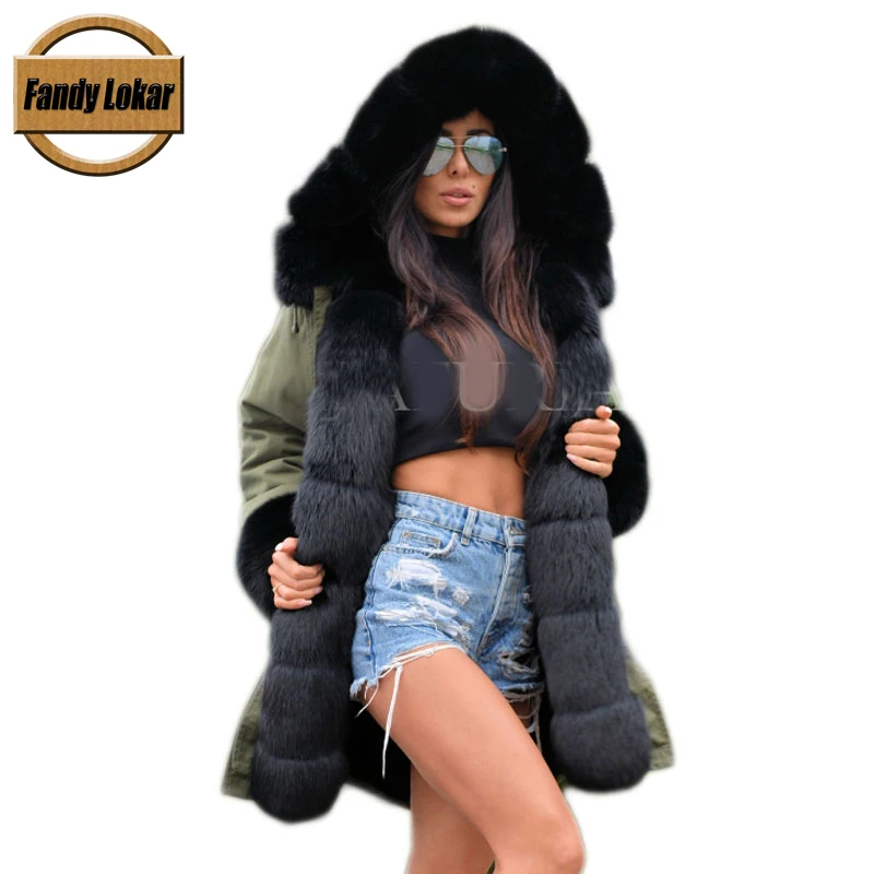 

Fandy Lokar Real Fur Parka Women Winter Jacket Nature Fox Fur Hooded Coat Real Rabbit Fur Lining Jacket Female Real Fur Coat