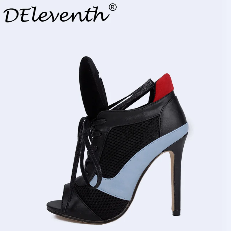

DEleventh Spring Fashion Personality Mesh Female Pumps Peep Toe Cross Strap High Heels Mix-colour Party Show Shoes Ankle Boots