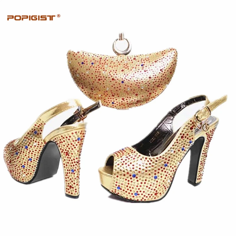 

Gold Women Shoes and Bag Set Hot Sales in Women Matching Shoes and Bag Set Decorated with Rhinestone Nigerian Shoes and Bag Set