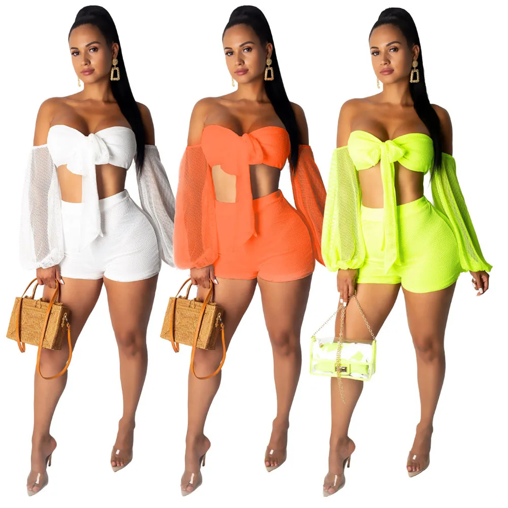 

Summer solid color sexy strapless unfixed sleeves decorative mesh breathable tube top tight high waist temperament two-piece