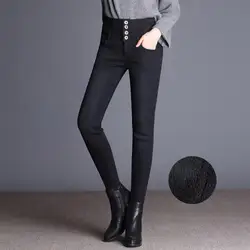 2018 женские зимние джинсы с горячей подкладкой утолщенные с высокой талией эластичные двубортные синие кашемировые черные обтягивающие