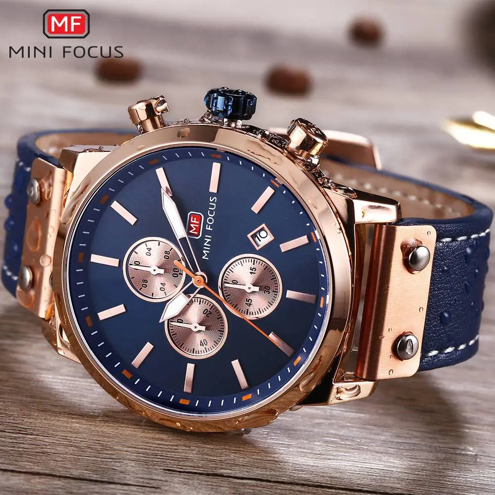 MINIFOCUS Fashion Sport Men Watch Top Brand Quartz Wristwatch Leather Military Watches Mens Chronog