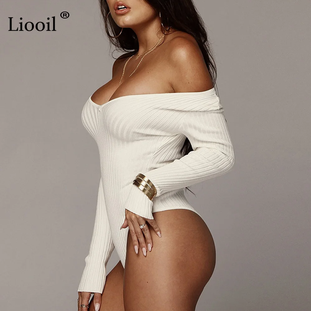 Liooil Сексуальная Bodycon вязаные комбинезоны черный, белый цвет Комбинезоны для Для женщин 2019 Весна длинным рукавом с v-образным вырезом