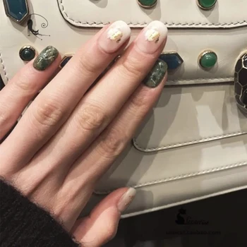 

High-fashion gray green pure color with gold foil decoration false nails 24pcs bride decorated fake nails cute full nail tips