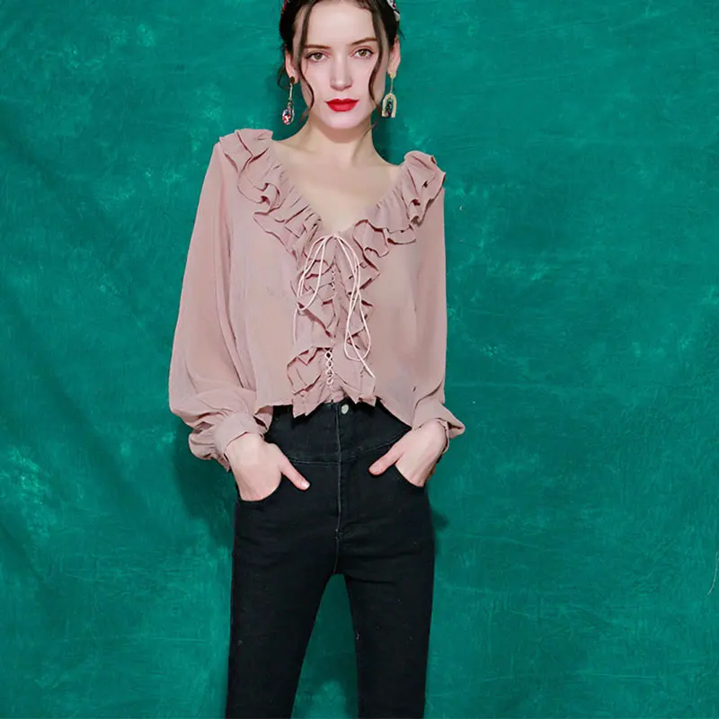 Nueva Completa Cuello Wbb2619 Moda Blusa 2019 Sólido hg V Wbb2619 Mujer En Volantes Primavera De Europa Camisa green Apricot Color Manga Patchwork vqYPdfw
