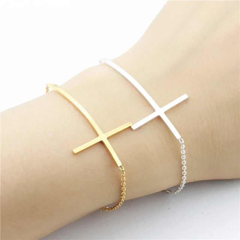 Sideways Gold Cross Bracelet For Women Jesus Christian Jewelry