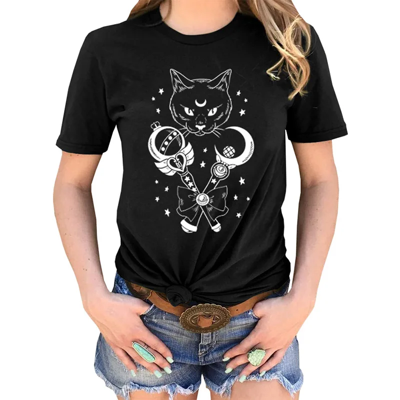 Готический Для женщин футболка в морском стиле месяц кошка печать футболки