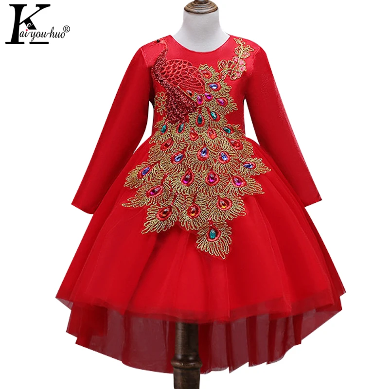 

New 2018 Christmas Girls Wedding Dress Fof Winter Kids Clothes Peacock Embroidery Kids Dresses For Girls Princess Dress Vestidos