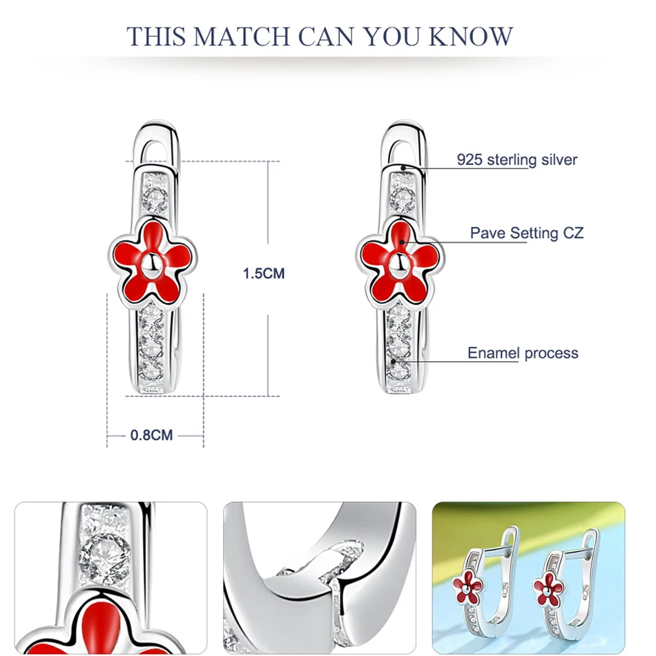 Серьги-кольца из стерлингового серебра 925 пробы с милым цветком и красной эмалью, прозрачные серьги-кольца для девочек, детские серьги-кольца, подарок для девочек