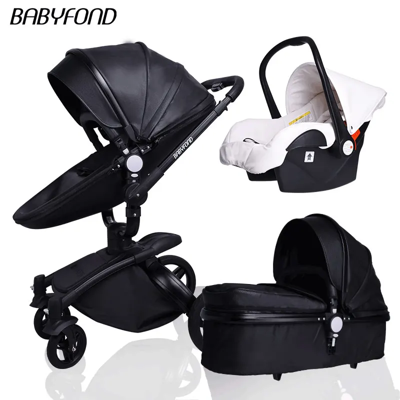 Babyfond Роскошная детская коляска с высоким пейзажем, 3 в 1, коляска для новорожденных, вращающаяся на 360 градусов, кожаное Европейское безопасное автокресло - Цвет: Black white 3 in 1