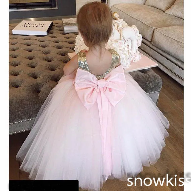 Nice gold and pink sequined flower girl dresses with bow sash lovely wedding 1 year birthday parties tulle ball gowns custom