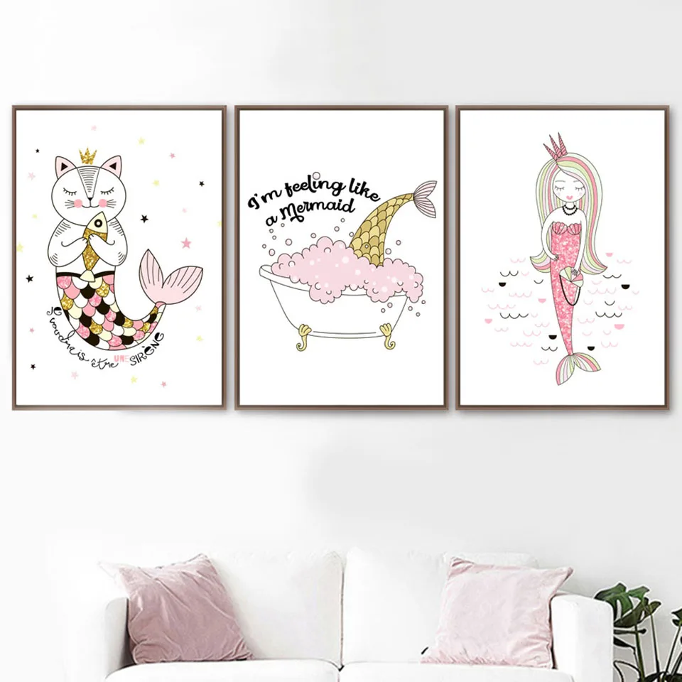 Cartoon-Mermaid-Princess-Cat-Fish-Wall-Art-Canvas-Painting-Nordic-Posters-And-Prints-Wall-Pictures-Baby (1)