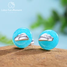 Lotus Fun Moment Real 925 Sterling Silver Creative Fashion Jewelry Minimalist Design Blue Sky and Clouds Stud Earrings for Women