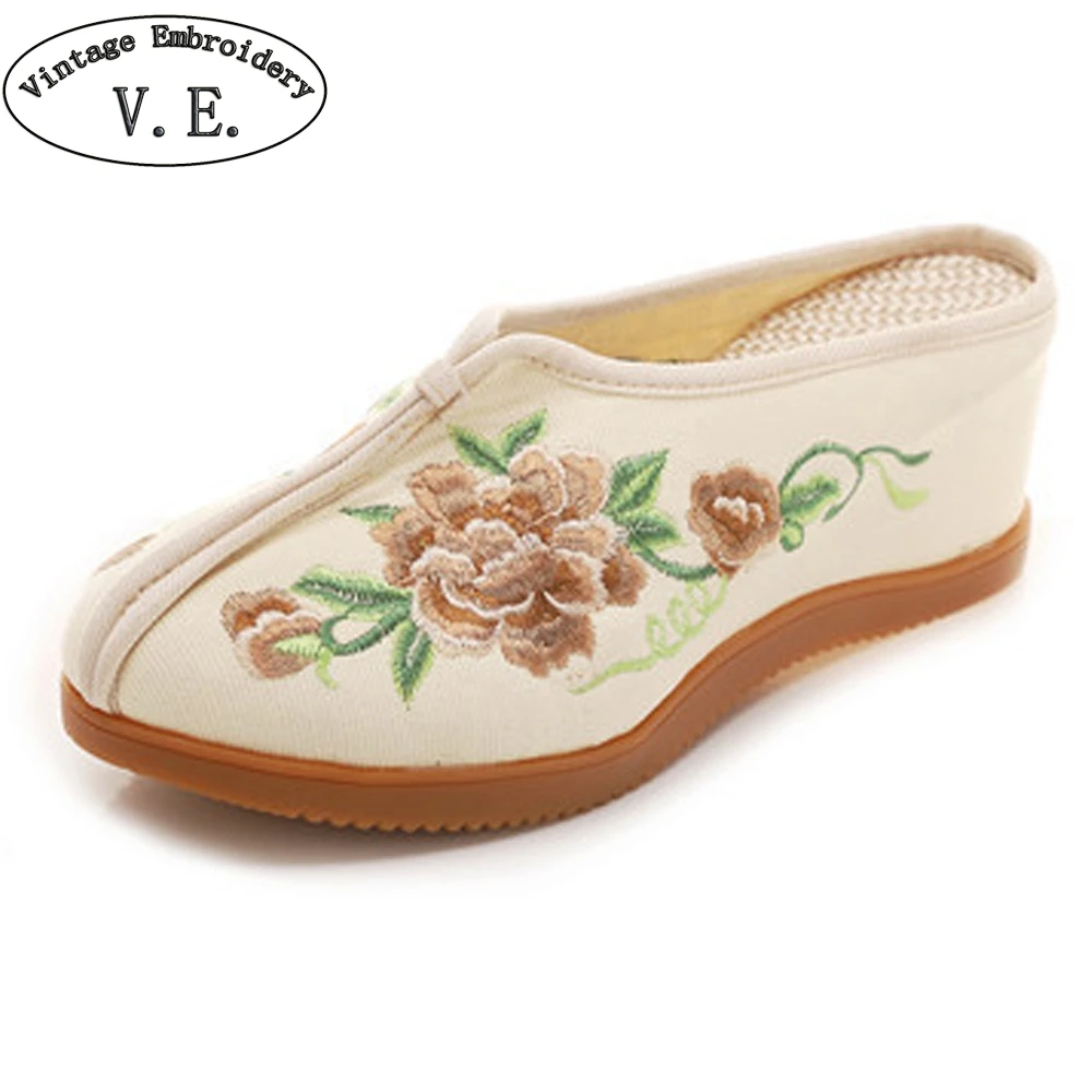 

Women Embroidery Mules Slippers Summer Close Toe Med Heels Slides Elegant Ladies Slip On Wedges Platform Shoes Zapatillas Mujer