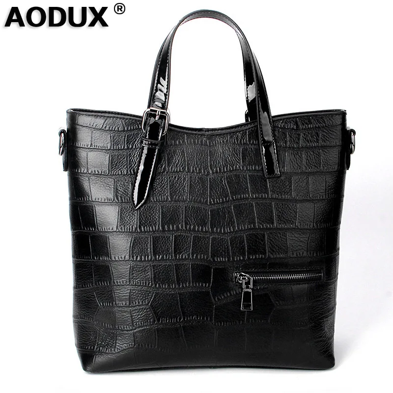 

AODUX Female Ladies Soft Genuine Leather Women Shoulder Bags OL Style Tote Bag Designer Lady Handbag Satchel White/Black Color