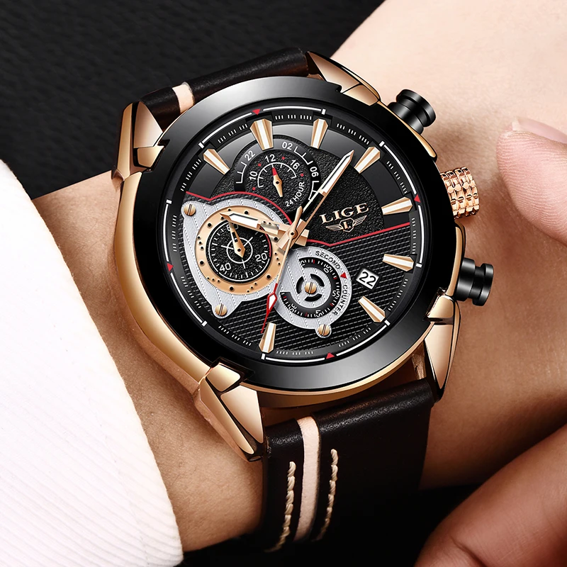 LIGE Mens Watches Top Brand Luxury Quartz Gold Watch Men Casual Leather Military Waterproof Sport Wrist Watch Relogio Masculino