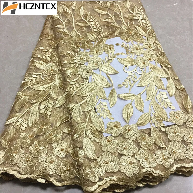 

New Arrival Nigeria Tulle Fabric Gold French Net Lace Embroidered Lace Fabric With Beads Swiss Voile Laces For Wedding PSA386-1