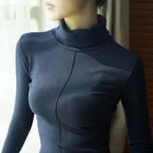 Harajuku одноцветное Цвет футболка с длинным рукавом тонкие пуловеры Высокий воротник Топы осень-зима стиль футболка Slim женский, Черный Топы