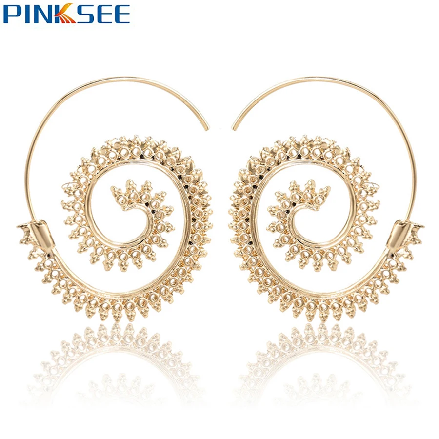 Women Brass Tribal Indian Style Spiral Drop Earrings Vintage Ear Tunnel