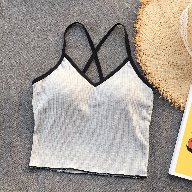 Girls Crossed Straps Short Camis Tops With Seperated Bra Women Padding Tanks Crop Tops For Female