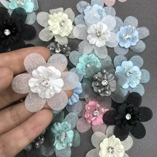 

5 PC/lot Colorful Gauze Hand-stitched Lace Flower Handmade Beaded Small Flowers DIY Clothing Decoration Accessories