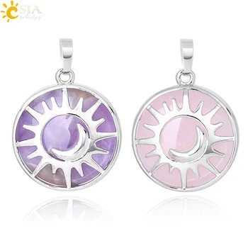 

CSJA Sun & Moon Pendant Reiki Healing Natural Stone Purple White Crystal Quartz Beads for Jewelry Making Necklace Women Men F336