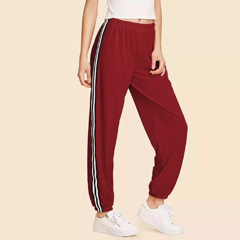 Sweatpants Women Red Trousers Patchwork Black White Side stripes Joggers High Waist Drawstring Long Cotton Casual Fitness