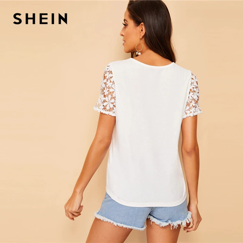 SHEIN, гипюровая футболка с кружевными рукавами и карманами, женская одежда, одноцветные Топы, летняя повседневная футболка с коротким рукавом
