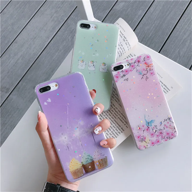 ROHDEA Sweet Star Shiny Phone Case for iphoneXS max XR Cute Cat Soft Cover iphone6 7 8 plus Butterfly Clear Edge TPU |