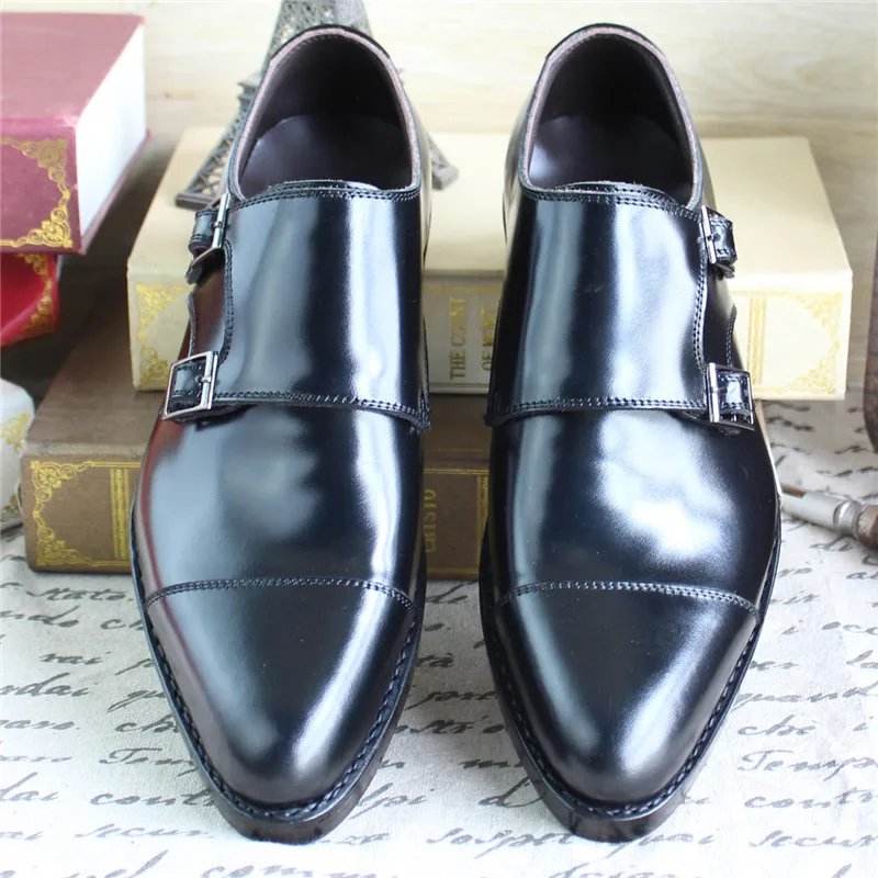 Dos Vestido Duplas Goodyear Preto Alças Patente Monge Sapatas Sapatos Marca De Couro Made Custom Maloneda Homens Da Deslizamento Em Welted OIHwqpw