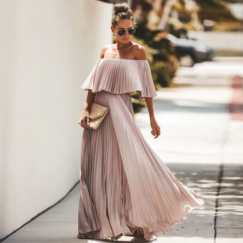 

Elegant Off The Shoulder Bohemian Beach Dress Chiffon Summer Pleated Maxi Woman Dress 2019 Spring Summer Vestidos Pink Black
