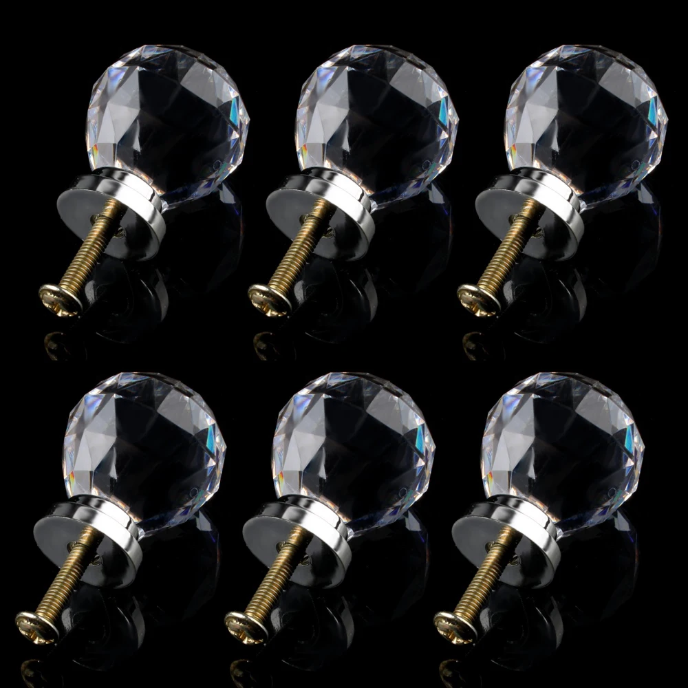 

6 x Crystal Glass Clear Door Knobs / Handles 30mm Drawer Kitchen Silver