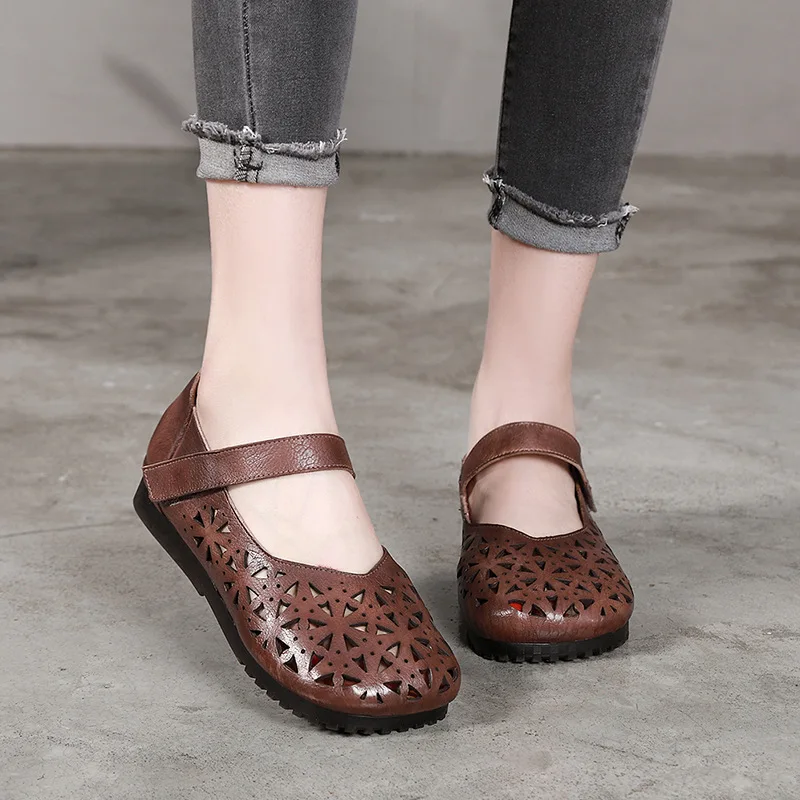 

2019 VALLU Summer Women Shoes Genuine Leather Hook & Loop Flat Shoes Ladies Art Retro National Style Comfortable Causal Shoes