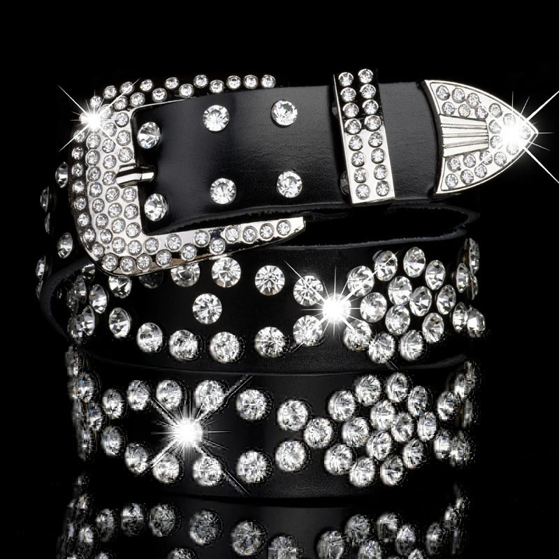 Pin Buckle Rhinestone Studded Leather Belt Women Crystal Cowskin Belts