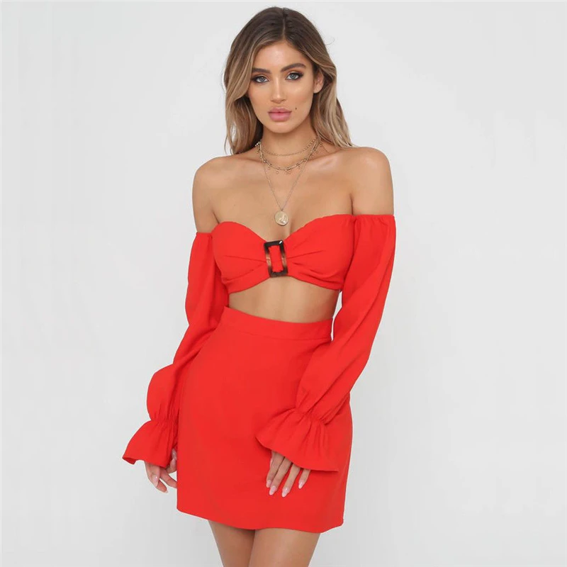 

Summer Fashion Ladies Women sets long sleeve Crop top Off shoulder Short Sexy top High Waist MIni Skirt set Clubwear Partywear
