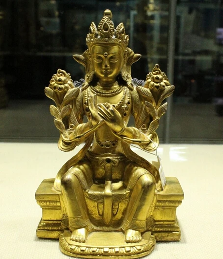 

wholesale factory Old Tibet Buddhism Temple Bronze 24K Gold Manjusri Kwan-Yin Buddha Statue