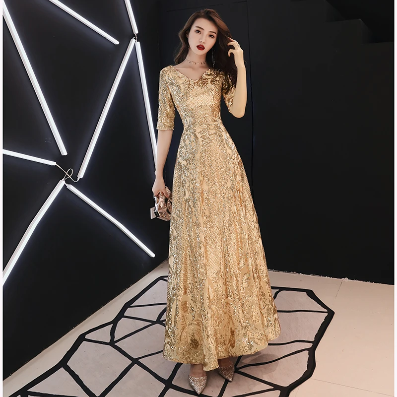 2019 Gold Wine Red Evening Dresses Long Elegant V-neck A-line Floor-Length Sequined Formal Evening Gown LF154