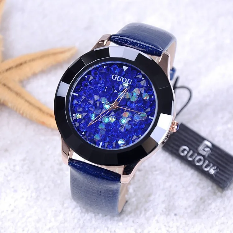 GUOU Watches Women Fashion Luxury Rhinestone Glitter Ladies Watch Leather Diamond Watch Hour Clock relogio feminino reloj mujer