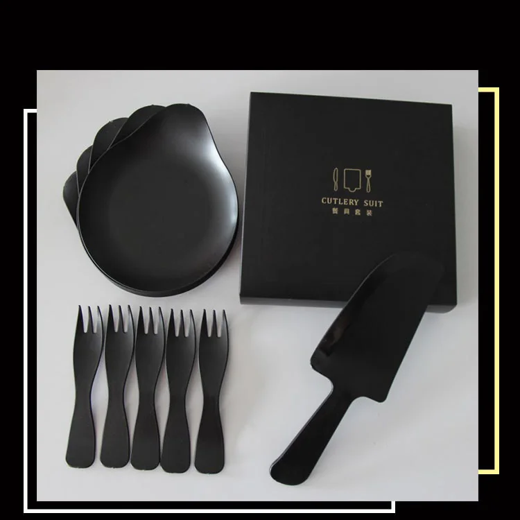 FANLUS Disposable Plastic Dessert Set Four color set Includes 5 Plates and 5 Forks , 1 Cake Knives, Deluxe Party Supplies Kit (5)