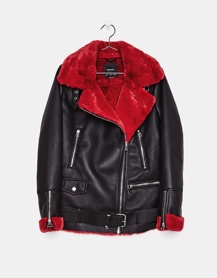 Pu Leather Coat Turn-Down Collar Zipper Thick Warm Jacket Casual faux Fur Leather Jacket Motorcycle Red PU Leather Outwear PY50