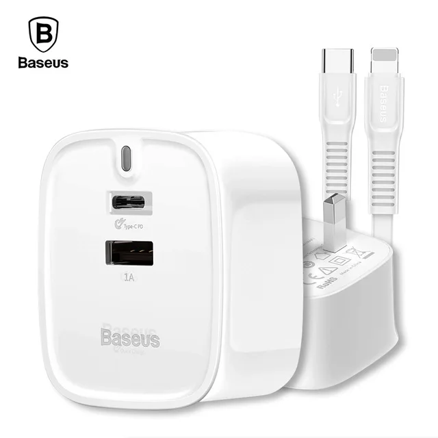 

Baseus PD Quick Charge 30W USB Charger Set For iphone X 8 USB Type-C UK Plug Fast Charging Charger Set 2A PD Fast Charging Cable
