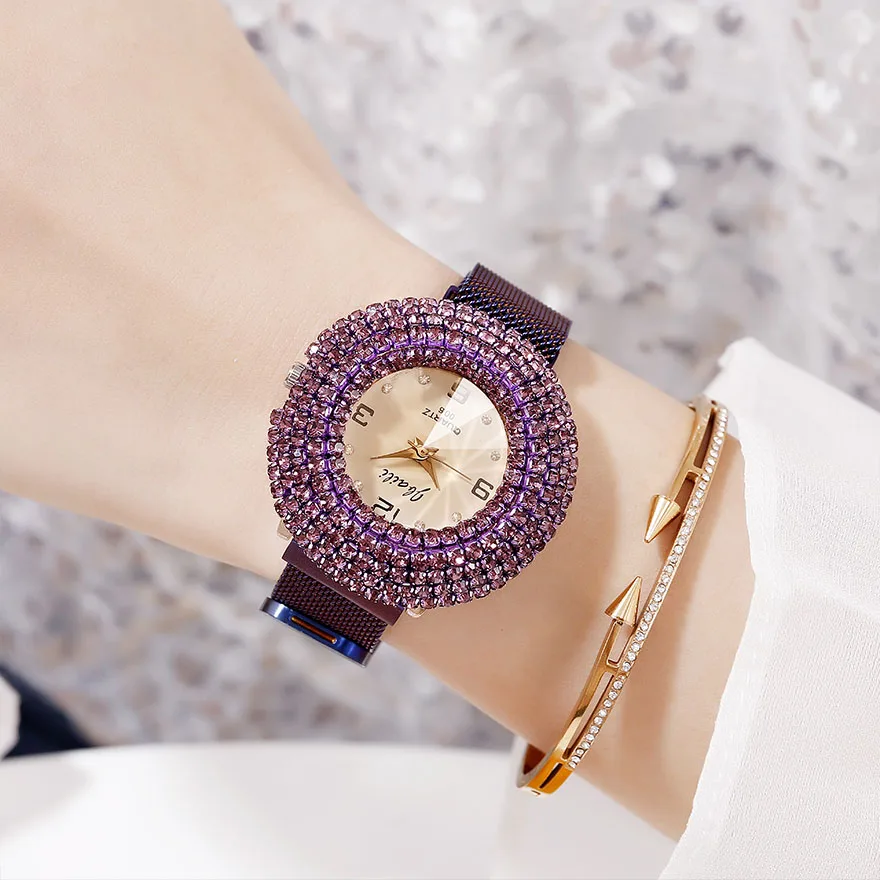 Роскошные Стразы, женские часы с большим бриллиантом, женские часы со стальным браслетом, наручные часы из розового золота с магнитным ремешком, женские часы - Цвет: Luxury Women Watch 7