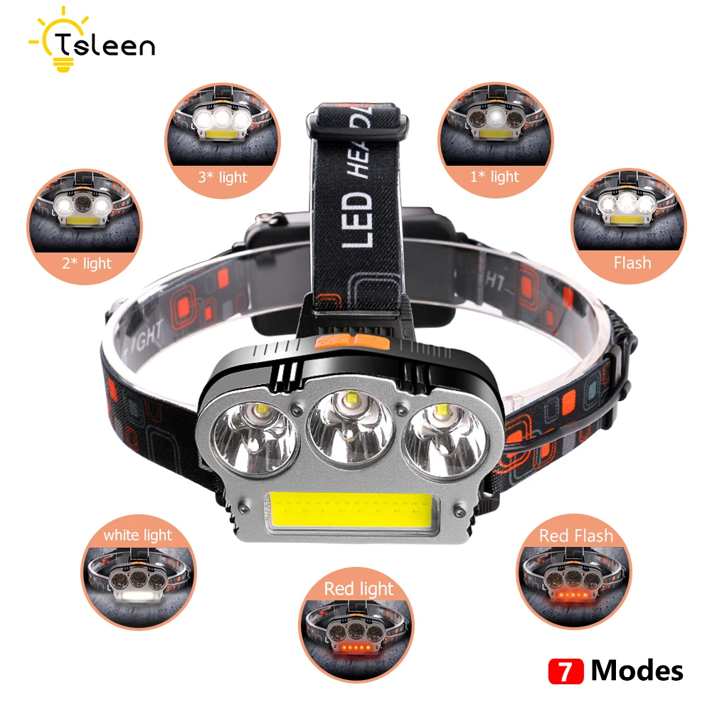 

1000/2000LM Cree T6 COB Head Light Lamp Waterproof Led Head Flashlight 4/7 Light Models Rechargeable 18650 Battery Powered