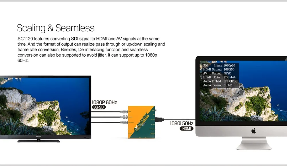 Конвертер масштабирования AVmatrix 3G SDI в HDMI и AV 1080P 720p SC1120 конвертер для