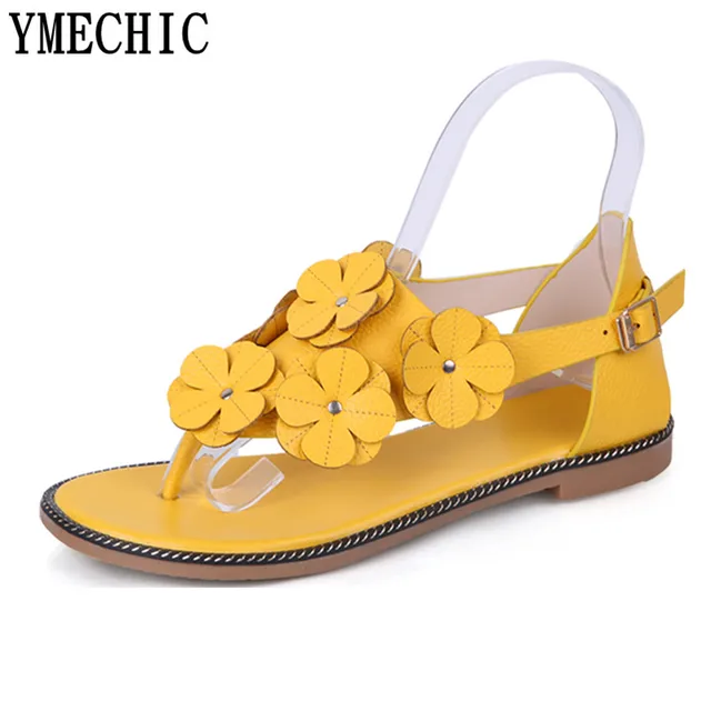 YMECHIC Sweet Girls Ladys Flower Gladiator Sandals Summer Woman Shoes Yellow Brown White Lovely Casual Flat Sandal Female Flats
