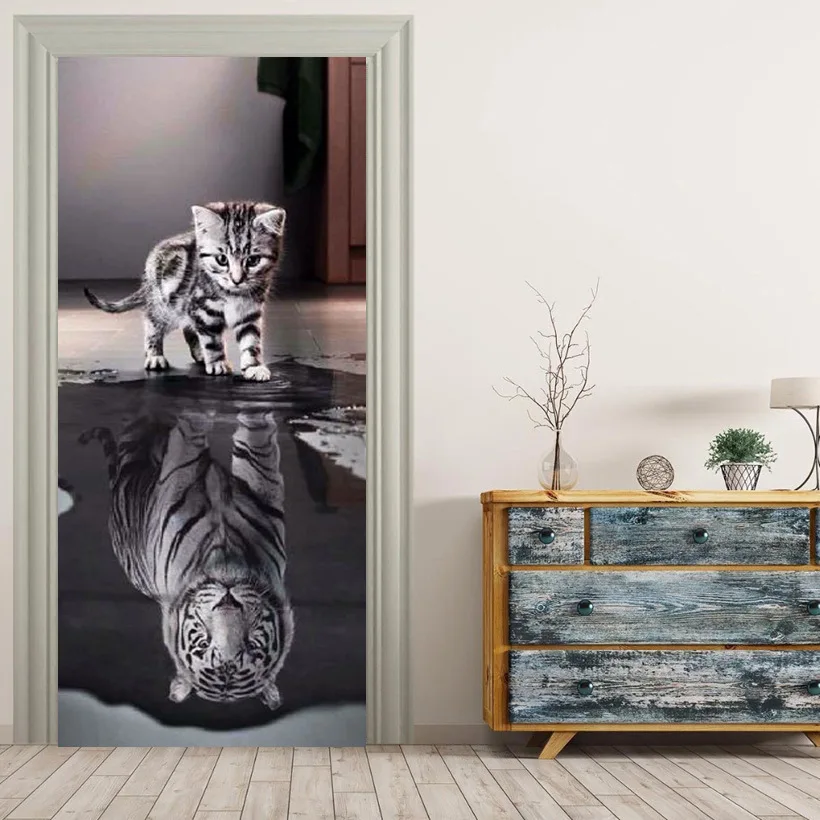3d оригинальность двери стикер водонепроницаемый с пасты бумага украшения спальни гостиной стены стикеры кошка наклейка с тигром