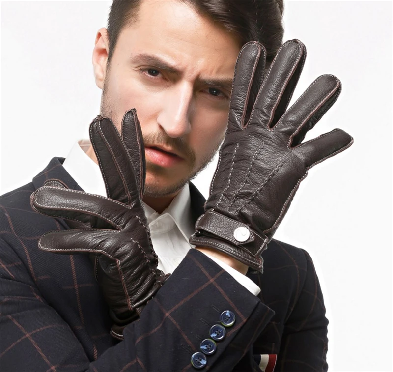 Мужские кожаные перчатки Модные осенние мужские оленья натуральная кожа На Пуговицах Мужские бархатные теплые перчатки для вождения