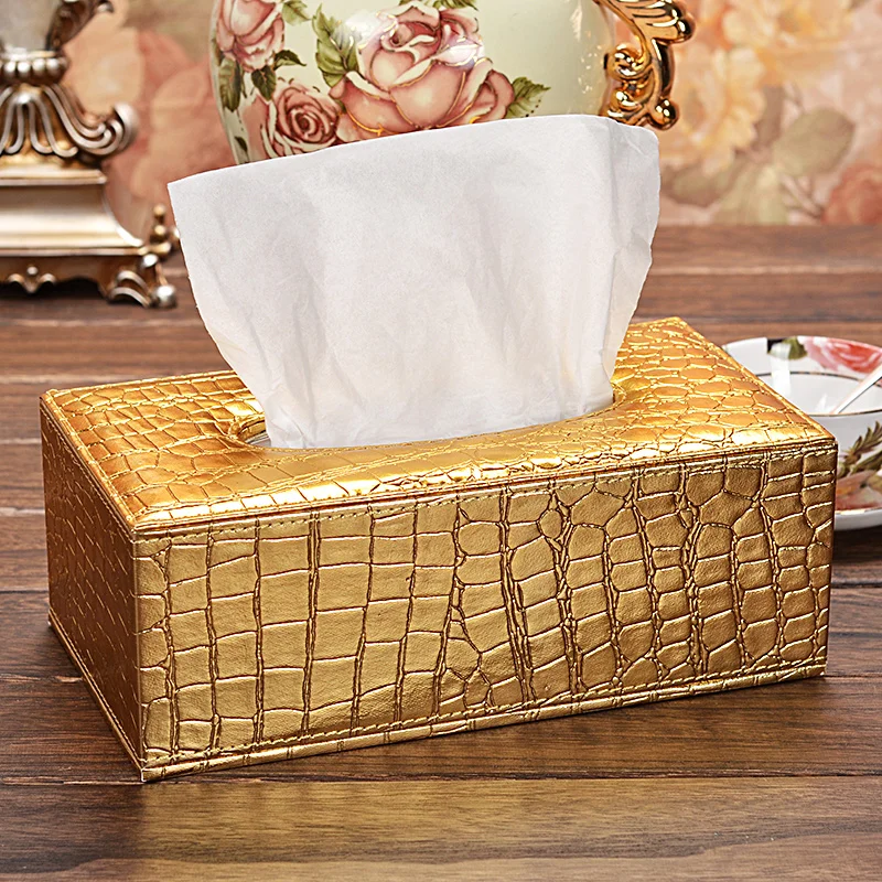 Crocodile Wood Leather Rectangular Tissue Storage boxes cover Napkin